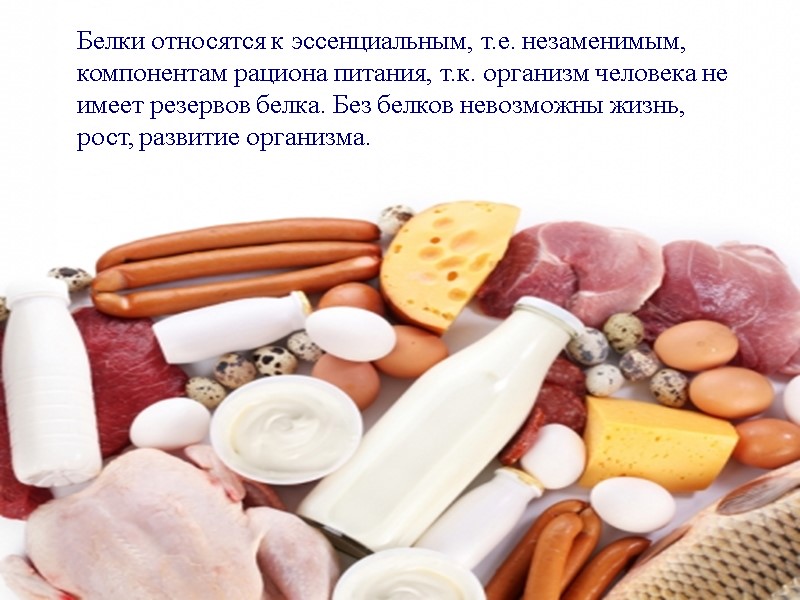 Белки относятся к эссенциальным, т.е. незаменимым, компонентам рациона питания, т.к. организм человека не имеет